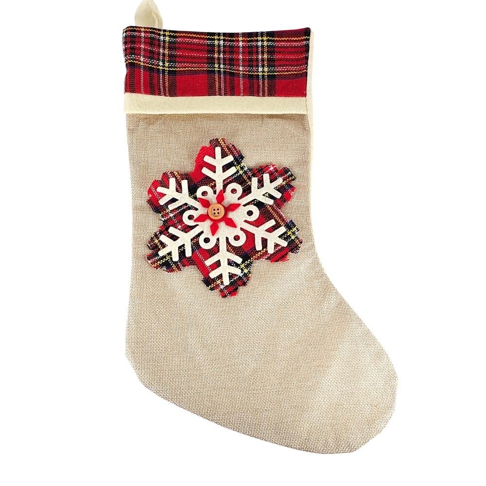 Plaid Snowflake Christmas Stocking 15" Red Beige Button Accent Hanging Loop